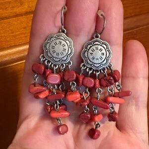 CHAPS Large Silver and Red Stone Dangle Earrings